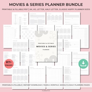Puede incluir: Un conjunto de páginas de planificación de películas y series imprimibles y rellenables. La portada muestra el texto "MOVIES & SERIES PLANNER" e incluye un icono de descarga. El planificador incluye más de 87 páginas y está disponible en tamaños A4, A5, Letter y Half Letter.