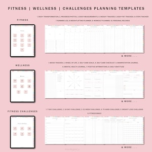 May include: A digital planner template for fitness, wellness, and challenges. The template includes sections for tracking progress, setting goals, and planning workouts. The template is designed to help people achieve their fitness and wellness goals.