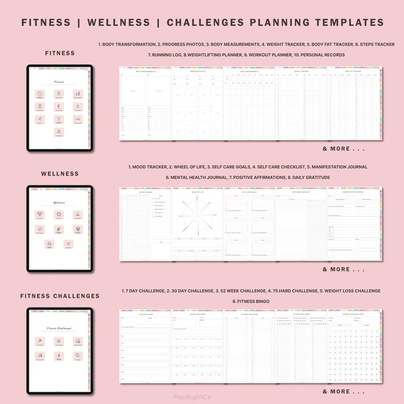 May include: A digital planner template for fitness, wellness, and challenges. The template includes sections for tracking progress, setting goals, and planning workouts. The template is designed to help people achieve their fitness and wellness goals.