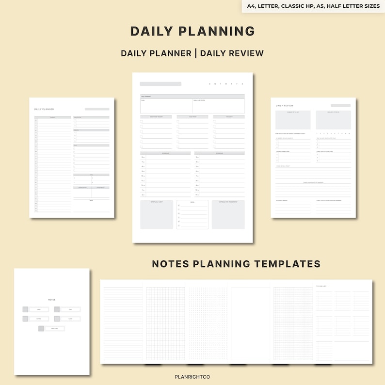 May include: A collection of white daily planning templates, including a daily planner, daily review, and notes planning templates. The text "DAILY PLANNING" and "DAILY PLANNER | DAILY REVIEW" are displayed at the top. The templates are available in A4, Letter, Classic HP, A5, and Half Letter sizes.