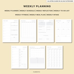 May include: A collection of printable weekly planning templates in various sizes. The templates include sections for weekly planning, schedule, reflection, to-do list, fitness, meal plan, and intake. The text "WEEKLY PLANNING" is at the top.