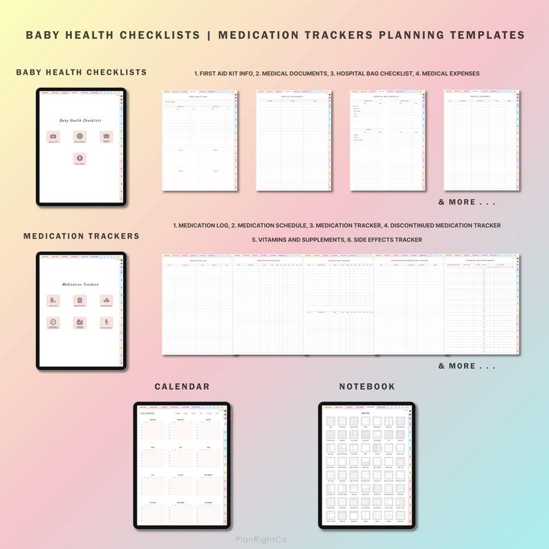 May include: Printable digital planner pages for baby health checklists, medication trackers, and calendar and notebook templates. The pages are designed with a colorful rainbow border.