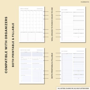 May include: A set of printable planner pages in various formats, including monthly overviews, daily planners, and goal planners. The pages are designed to be fillable and compatible with organizers. The text includes "Compatible with Organizers" and "Both Printable & Fillable."