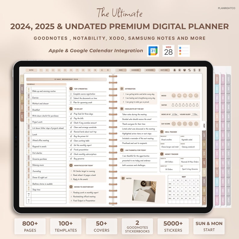 Digitaler Planer, iPad-Planer, Goodnotes-Planer, Tages, Wochen, Monatsplaner, Bekanntheitsplaner, digitaler Planer 2024 2025 undatiertes iPad Bild 1