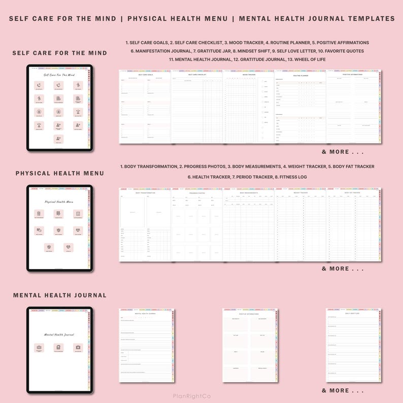 May include: A digital planner with a pink background and colorful borders. The planner is divided into three sections: Self Care for the Mind, Physical Health Menu, and Mental Health Journal. Each section has a list of topics and a preview of the pages.