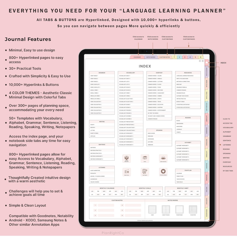 K&ouml;nnte beinhalten: Ein digitaler Planer zum Sprachenlernen mit wei&szlig;em Hintergrund und bunten Registerkarten. Der Planer enth&auml;lt Abschnitte f&uuml;r Vokabeln, Grammatik, Satzschreiben, Zuh&ouml;ren, Lesen, Sprechen und Notizen. Der Planer ist kompatibel mit Goodnotes, Notability, XODO, Samsung Notes und anderen &auml;hnlichen Anmerkungs-Apps.
