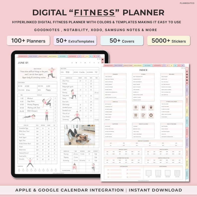 Op de afbeelding: Een digitale fitnessplanner met een roze achtergrond. De planner bevat een juni-kalender, een dagelijks voedingsschema, een trainingslogboek en een index. De planner is compatibel met Goodnotes, Notability, Xodo, Samsung Notes en meer. De planner bevat ook meer dan 100 planners, meer dan 50 extra sjablonen, meer dan 50 covers en meer dan 5000 stickers. De planner is direct te downloaden en integreert met Apple- en Google-kalenders.