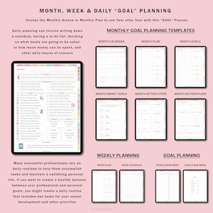 May include: A digital planner with a pink background and colorful accents. The planner includes templates for monthly, weekly, and daily goal planning. The text on the planner reads "MONTH, WEEK & DAILY "GOAL" PLANNING" and "MONTHLY GOAL PLANNING TEMPLATES".