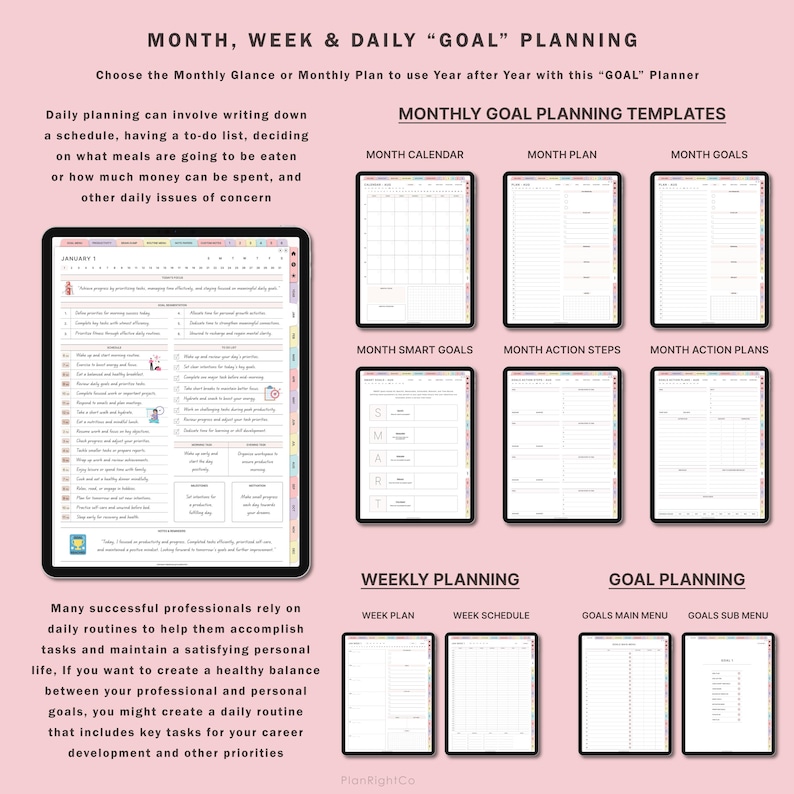 May include: A digital planner with a pink background and colorful accents. The planner includes templates for monthly, weekly, and daily goal planning. The text on the planner reads "MONTH, WEEK & DAILY "GOAL" PLANNING" and "MONTHLY GOAL PLANNING TEMPLATES".