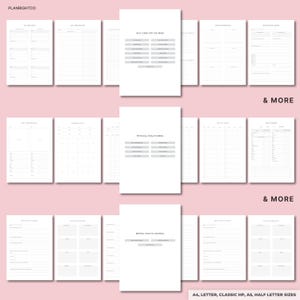 Może przedstawiać: Zestaw białych stron planera z tekstami, w tym "Self Care for the Mind", "Physical Health Menu" i "Mental Health Journal". Strony są ułożone na r&oacute;żowym tle. Widoczny jest r&oacute;wnież tekst "& MORE".