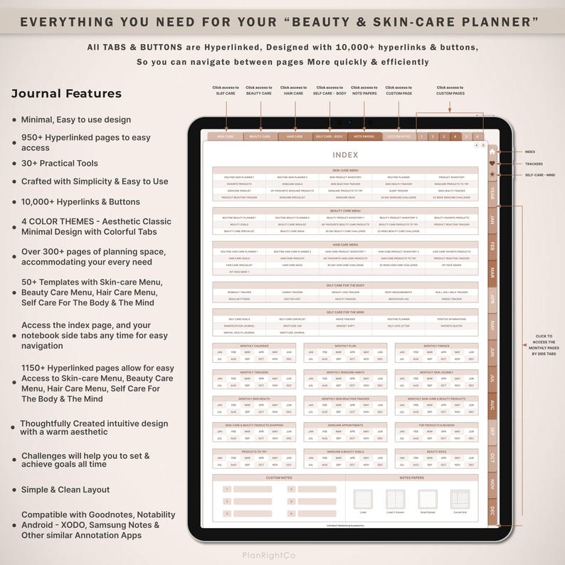May include: A digital planner for beauty and skin care with a beige and brown colour scheme. The planner includes an index, tabs for different categories, and a monthly calendar. The planner is designed to be used with digital note-taking apps like Goodnotes, Notability, and XODO.