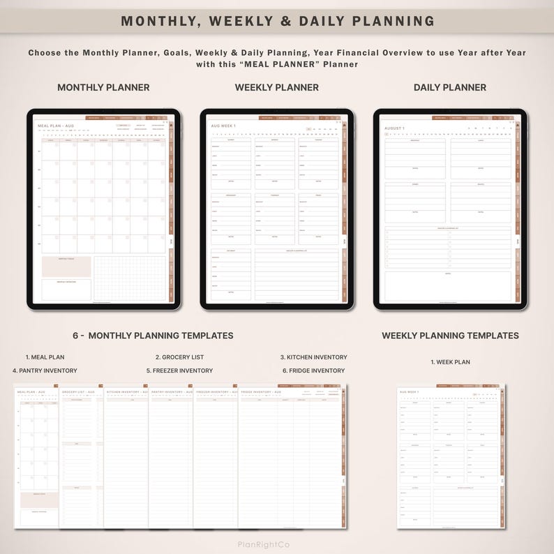 May include: A digital planner with templates for monthly, weekly, and daily planning. The planner includes sections for meal planning, grocery lists, kitchen inventory, pantry inventory, freezer inventory, and fridge inventory. The planner is designed to help users organize their time and finances.