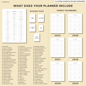 May include: A planner layout with various sections, including calendars, checklists, and trackers. It features different sizes like A4, Letter, Classic HP, A5, and Half Letter. Yearly calendars from 2025 to 2030 are also included.