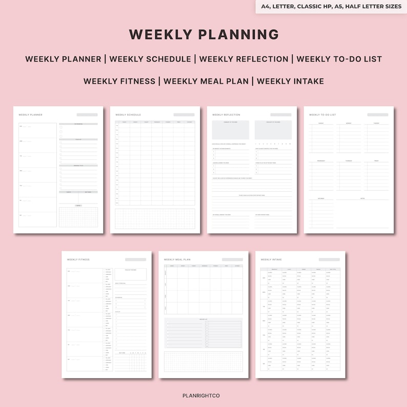 May include: A collection of printable weekly planning pages in various layouts, including a planner, schedule, reflection, to-do list, fitness, meal plan, and intake tracker. The pages are in black and white with the text "WEEKLY PLANNING" at the top.