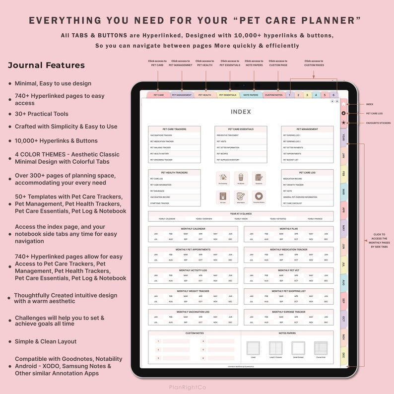 May include: A digital planner for pet care with a pink and white color scheme. The planner includes sections for pet care trackers, pet health trackers, pet management, pet care essentials, pet log, and custom notes. The planner is compatible with Goodnotes, Notability, XODO, Samsung Notes, and other similar annotation apps.