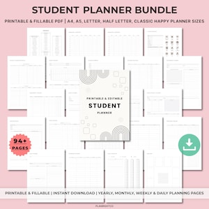 May include: A student planner bundle with printable and fillable PDF pages. The cover of the planner is white with black geometric designs and the words "Student Planner". The bundle includes 94+ pages for yearly, monthly, weekly, and daily planning.