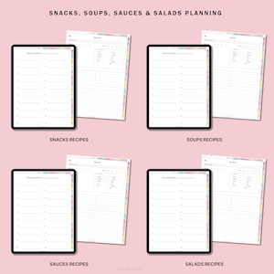 May include: Four digital planner pages on a pink background. Each page is labeled with a different category: Snacks, Soups, Sauces, and Salads. Each page has a list of blank lines for writing recipes.