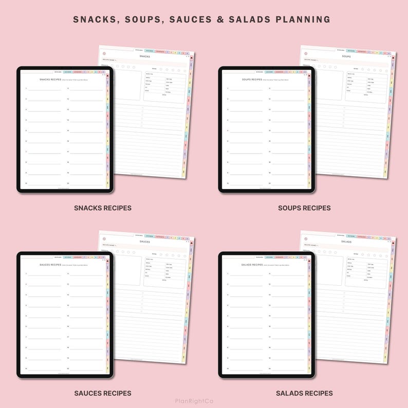 May include: Four digital planner pages on a pink background. Each page is labeled with a different category: Snacks, Soups, Sauces, and Salads. Each page has a list of blank lines for writing recipes.