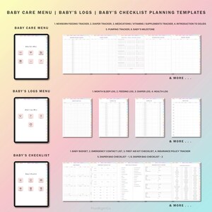 May include: A printable digital planner for baby care, logs, and checklists. The planner includes sections for newborn feeding, diaper tracking, medications, pumping, baby's milestones, sleep logs, feeding logs, diaper logs, health logs, baby budget, emergency contact list, first aid kit checklist, insurance policy tracker, and diaper bag checklists.