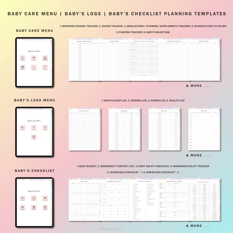 May include: A printable digital planner for baby care, logs, and checklists. The planner includes sections for newborn feeding, diaper tracking, medications, pumping, baby's milestones, sleep logs, feeding logs, diaper logs, health logs, baby budget, emergency contact list, first aid kit checklist, insurance policy tracker, and diaper bag checklists.