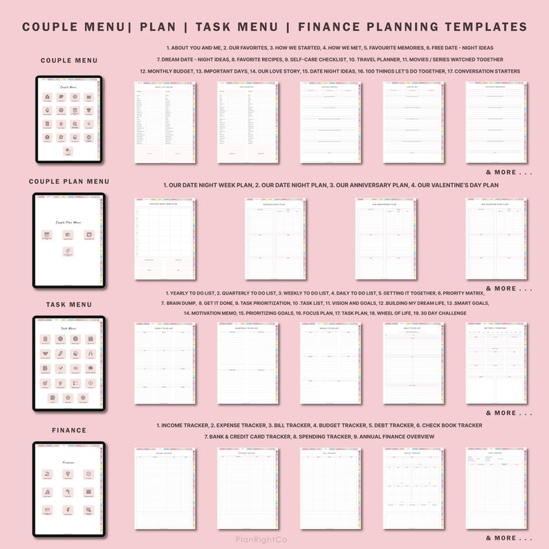 May include: A set of printable planning templates for couples. The templates are organised into four categories: Couple Menu, Couple Plan Menu, Task Menu, and Finance. Each category has a list of topics to help couples plan their relationship, including date night ideas, budget, and goals.