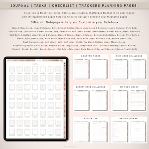 May include: A digital planner featuring a range of page layouts for note-taking, goal setting, and tracking. The planner includes pages for notes, tasks, checklists, trackers, and planning. The pages are organised into categories such as beauty care, skin care, medication, and health journal. The planner is designed to help users customise their notebook and track their progress.