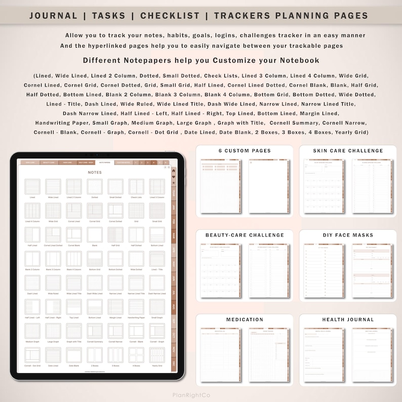 May include: A digital planner featuring a range of page layouts for note-taking, goal setting, and tracking. The planner includes pages for notes, tasks, checklists, trackers, and planning. The pages are organised into categories such as beauty care, skin care, medication, and health journal. The planner is designed to help users customise their notebook and track their progress.