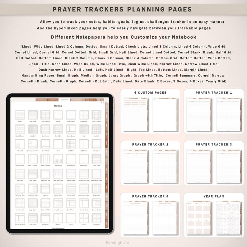 May include: A digital planner with a variety of notepaper templates, including lined, dotted, grid, and Cornell note styles. The planner also includes pages for prayer tracking and a year plan.
