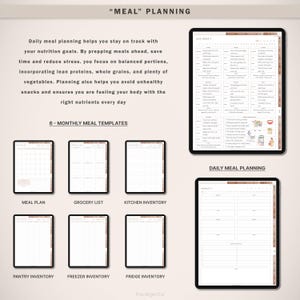 May include: A printable meal planning template with six monthly meal templates, a daily meal planner, and inventory lists for the pantry, freezer, fridge, and kitchen. The template is designed to help you stay on track with your nutrition goals.