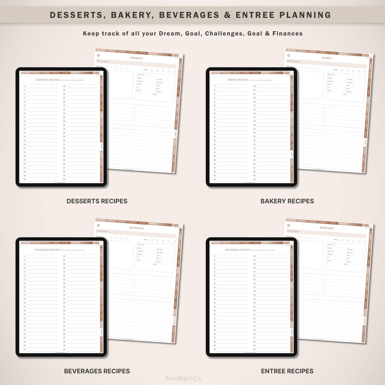 Op de afbeelding: Digitale plannerpagina's voor desserts, bakkerij, dranken en voorgerechten recepten. De pagina's worden weergegeven op zwarte tablets met een witte achtergrond. De tekst bovenaan luidt: "Keep track of all your Dream, Goal, Challenges, Goal & Finances."