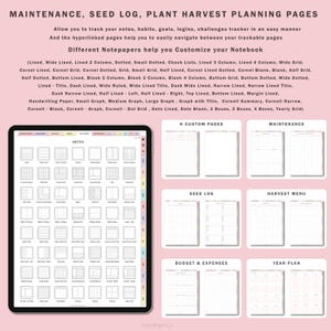 Pode incluir: Um planejador digital com uma variedade de layouts de p&aacute;gina para tomar notas, registrar sementes, planejar a colheita de plantas, or&ccedil;ar e planejar o ano. As p&aacute;ginas s&atilde;o organizadas em se&ccedil;&otilde;es com cabe&ccedil;alhos e bordas coloridas. O planejador inclui uma variedade de estilos de p&aacute;gina de grade, linhas e pontos.