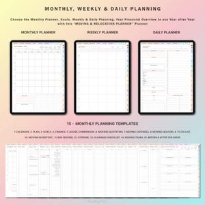 May include: A set of printable planner templates for moving and relocation. The templates include a monthly, weekly, and daily planner, as well as 15 additional templates for planning tasks such as goals, finances, house comparison, movers quotation, moving expenses, moving helpers, to-do list, moving inventory, box record, storage, cleaning checklist, moving tasks, and before and after the move.