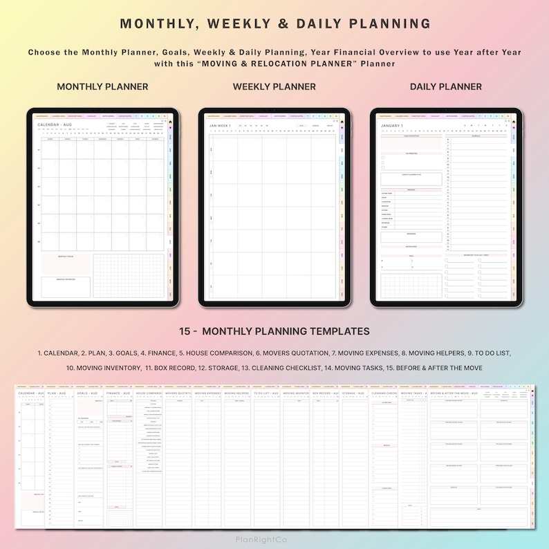 May include: A set of printable planner templates for moving and relocation. The templates include a monthly, weekly, and daily planner, as well as 15 additional templates for planning tasks such as goals, finances, house comparison, movers quotation, moving expenses, moving helpers, to-do list, moving inventory, box record, storage, cleaning checklist, moving tasks, and before and after the move.