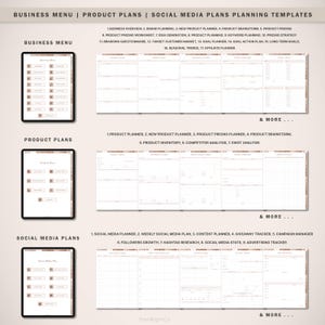 May include: A set of printable planning templates for business, product, and social media. The templates are designed in a minimalist style with a light brown and white colour scheme. The templates include sections for business overview, brand planning, product pricing, idea generation, goal planning, and more.