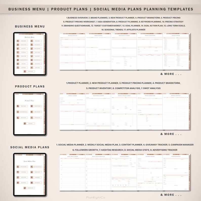 May include: A set of printable planning templates for business, product, and social media. The templates are designed in a minimalist style with a light brown and white colour scheme. The templates include sections for business overview, brand planning, product pricing, idea generation, goal planning, and more.