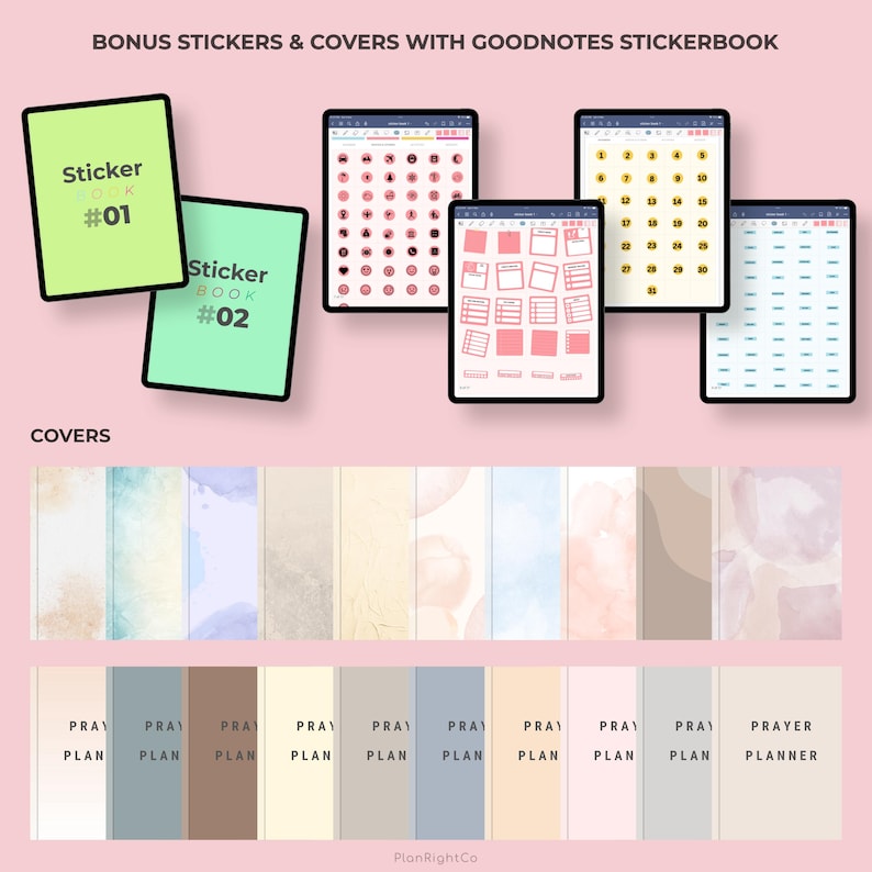 Może przedstawiać: Dwa notesy ze stickerami Goodnotes z r&oacute;żnymi naklejkami i okładkami. Notesy ze stickerami są zielone i jasnoniebieskie z tekstem "Sticker Book #01" i "Sticker Book #02". Okładki to r&oacute;żne wzory akwarelowe w odcieniach niebieskiego, r&oacute;żowego i beżowego. Tekst "PRAY PLAN" jest powtarzany u dołu okładek.