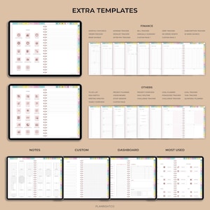 Op de afbeelding: Digitale plantemplates weergegeven op tablets. De afbeelding toont verschillende sjablonen voor financi&euml;n, takenlijsten en andere categorie&euml;n. De tekst "EXTRA TEMPLATES" staat bovenaan. De onderkant van de afbeelding bevat de tekst "PLANRIGHTCO".