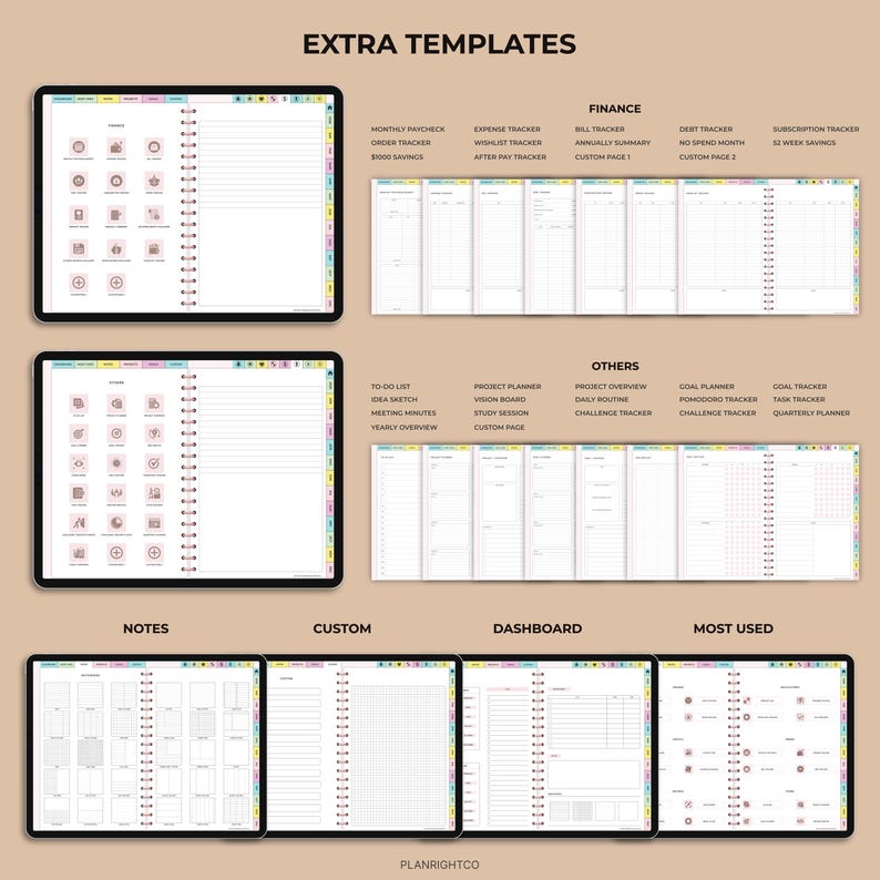 Op de afbeelding: Digitale plantemplates weergegeven op tablets. De afbeelding toont verschillende sjablonen voor financi&euml;n, takenlijsten en andere categorie&euml;n. De tekst "EXTRA TEMPLATES" staat bovenaan. De onderkant van de afbeelding bevat de tekst "PLANRIGHTCO".
