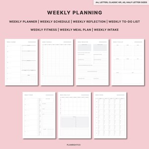 May include: A collection of printable weekly planning pages in various formats, including a planner, schedule, reflection, to-do list, fitness, meal plan, and intake tracker. The pages are in black and white and include the text "WEEKLY PLANNING".