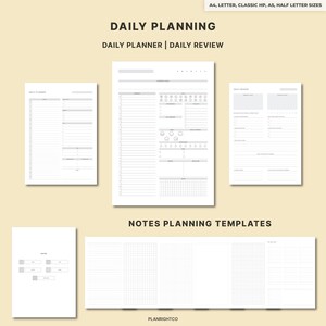 May include: A set of white daily planning templates, featuring the text "DAILY PLANNING" and "DAILY PLANNER | DAILY REVIEW". The templates include sections for scheduling, notes, and daily reviews. The text "NOTES PLANNING TEMPLATES" is also visible.