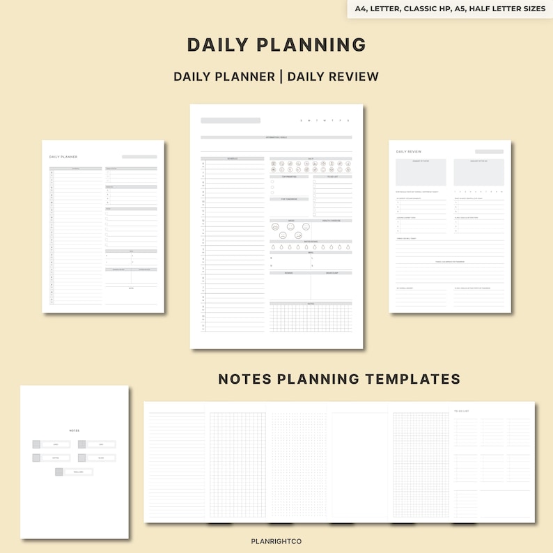 May include: A set of white daily planning templates, featuring the text "DAILY PLANNING" and "DAILY PLANNER | DAILY REVIEW". The templates include sections for scheduling, notes, and daily reviews. The text "NOTES PLANNING TEMPLATES" is also visible.