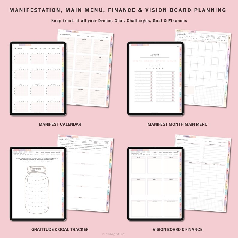 May include: A digital planner with a pink background and colourful accents. The planner includes pages for a calendar, monthly main menu, gratitude and goal tracker, and vision board and finance.