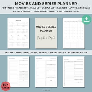 Könnte beinhalten: Ein druckbarer Film- und Serienplaner mit Jahres-, Monats-, Wochen- und Tagesplanungsseiten. Erhältlich in den Formaten A4, A5, Letter und Half Letter. Das Cover lautet "MOVIES & SERIES PLANNER Printable & Editable".