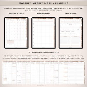 May include: A digital planner with 15 monthly planning templates for beauty and skincare. The templates include a calendar, finance tracker, skincare habits, skin journey, skin health, skin reaction tracker, products inventory, products shopping, skincare appointments, top products and reviews, products to try, skincare and beauty goals, and beauty ideas.