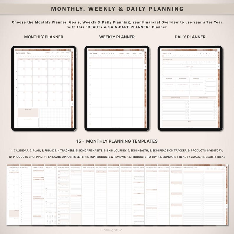 May include: A digital planner with 15 monthly planning templates for beauty and skincare. The templates include a calendar, finance tracker, skincare habits, skin journey, skin health, skin reaction tracker, products inventory, products shopping, skincare appointments, top products and reviews, products to try, skincare and beauty goals, and beauty ideas.