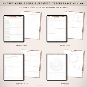 Op de afbeelding: Digitale planner templates getoond op tablets. De afbeelding toont taaklijsten, receptplannen, schoonmaakschema's en trackers. De tekst bovenaan luidt "CHORES MENU, RECIPE & CLEANING, TRACKERS & PLANNING." De merknaam "PlanRightCo" is zichtbaar.