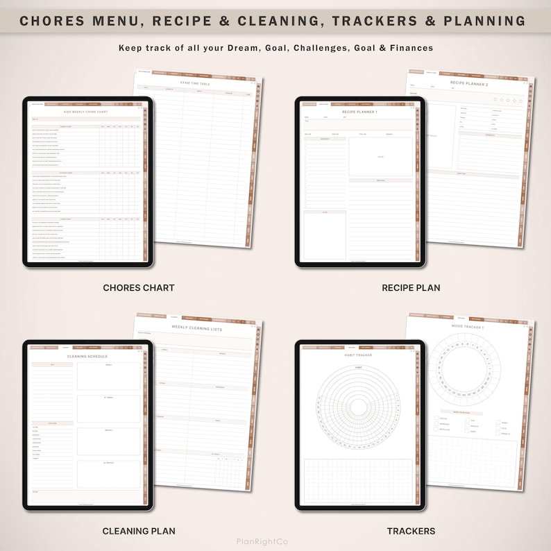 Op de afbeelding: Digitale planner templates getoond op tablets. De afbeelding toont taaklijsten, receptplannen, schoonmaakschema's en trackers. De tekst bovenaan luidt "CHORES MENU, RECIPE & CLEANING, TRACKERS & PLANNING." De merknaam "PlanRightCo" is zichtbaar.