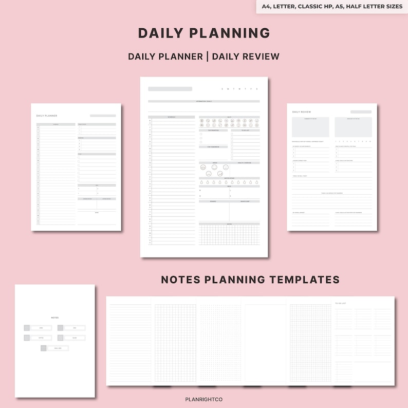 May include: A collection of white daily planning templates with gray details, including a daily planner, daily review, and notes planning templates. The text "DAILY PLANNING" and "NOTES PLANNING TEMPLATES" are displayed. The templates are on a pink background.