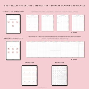 May include: Printable digital planner pages for baby health checklists and medication trackers. The pages are designed with a pink background and colorful borders. The pages include sections for first aid kit information, medical documents, hospital bag checklist, medical expenses, medication log, medication schedule, medication tracker, discontinued medication tracker, vitamins and supplements, side effects tracker, calendar, and notebook.