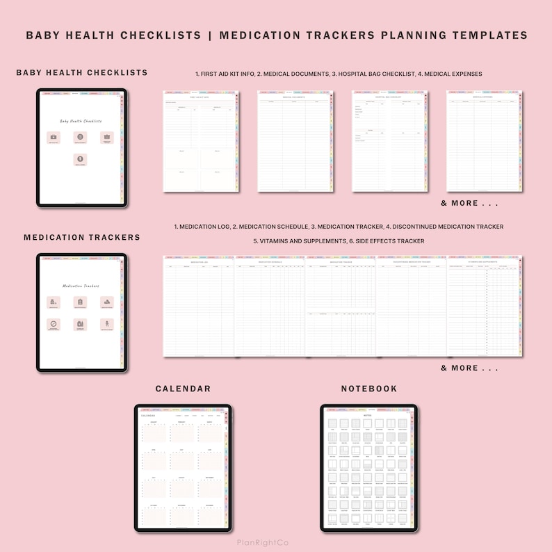 May include: Printable digital planner pages for baby health checklists and medication trackers. The pages are designed with a pink background and colorful borders. The pages include sections for first aid kit information, medical documents, hospital bag checklist, medical expenses, medication log, medication schedule, medication tracker, discontinued medication tracker, vitamins and supplements, side effects tracker, calendar, and notebook.